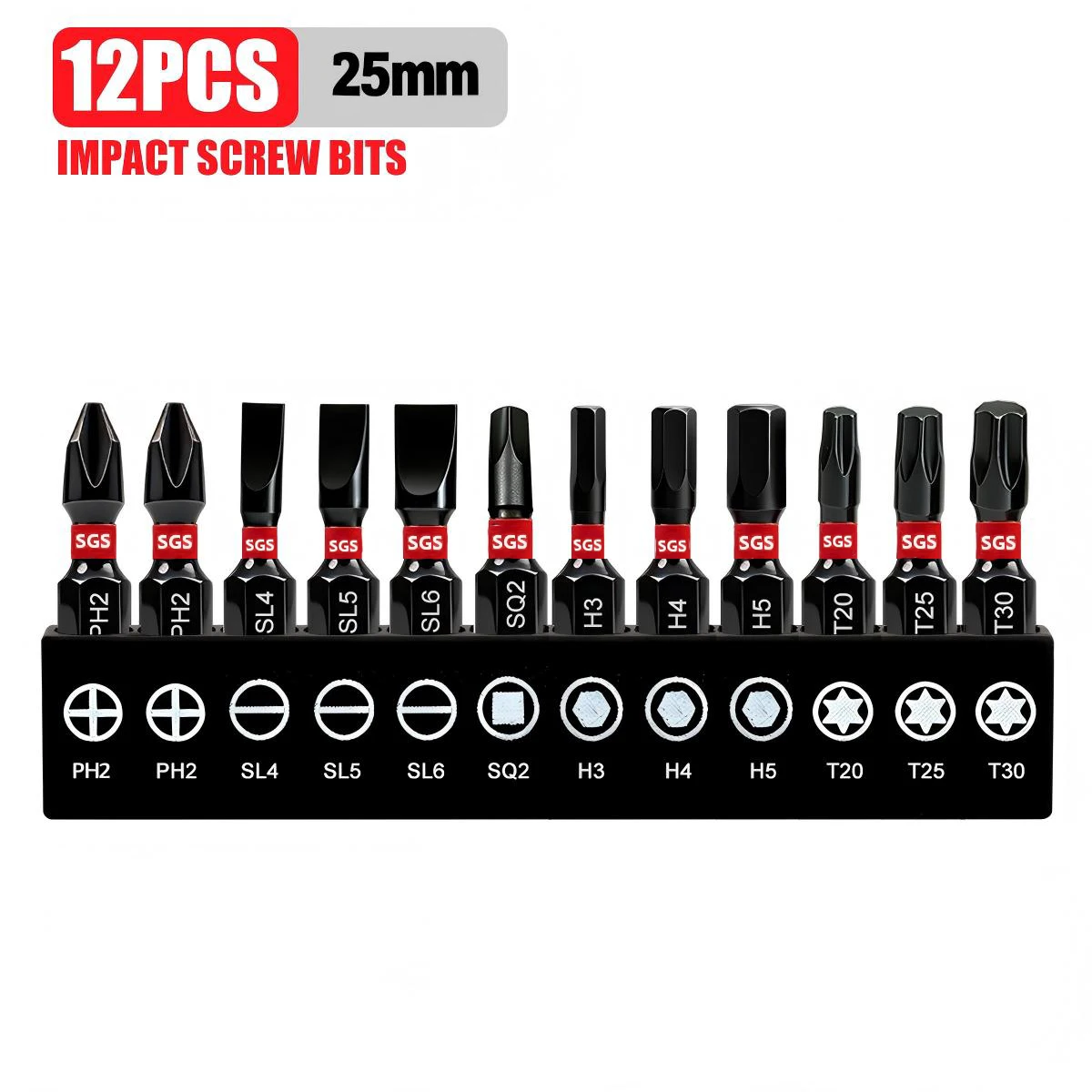 12-Piece 25mm Short Mixed Bit Set Ph2 / Flat Head / Square Head / Hexagon Socket / Torx with Various Sizes, S2 Steel with Magnetic Properties, Repair Accessories