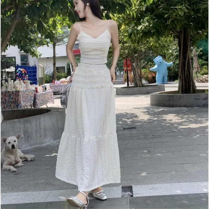 

Summer Holiday Apricot Pink 2pc Dress Suits 2024 New Fashion Two Pieces V Neck Short Camis Top&High Waist A Line Midi Skirt Sets