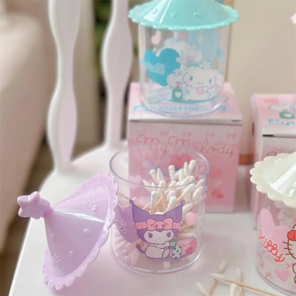 

kawaii Kuromi Cinnamoroll Cotton swab storage box Sanrio Transparent cotton label tube Cone shaped storage box with lid gifts
