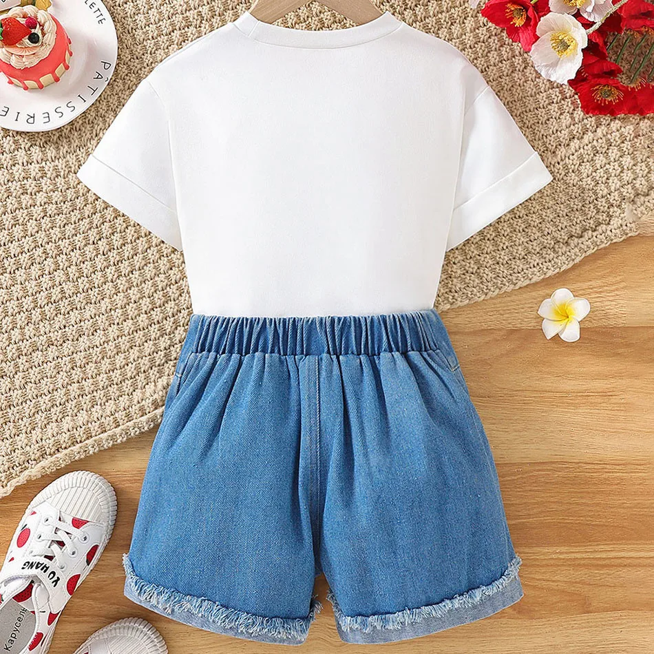 Girls Summer 3Pc Children Set White Round Neck T-Shirt with Strawberry Print Denim Shorts and Bag Stylish Choice for Every Occas