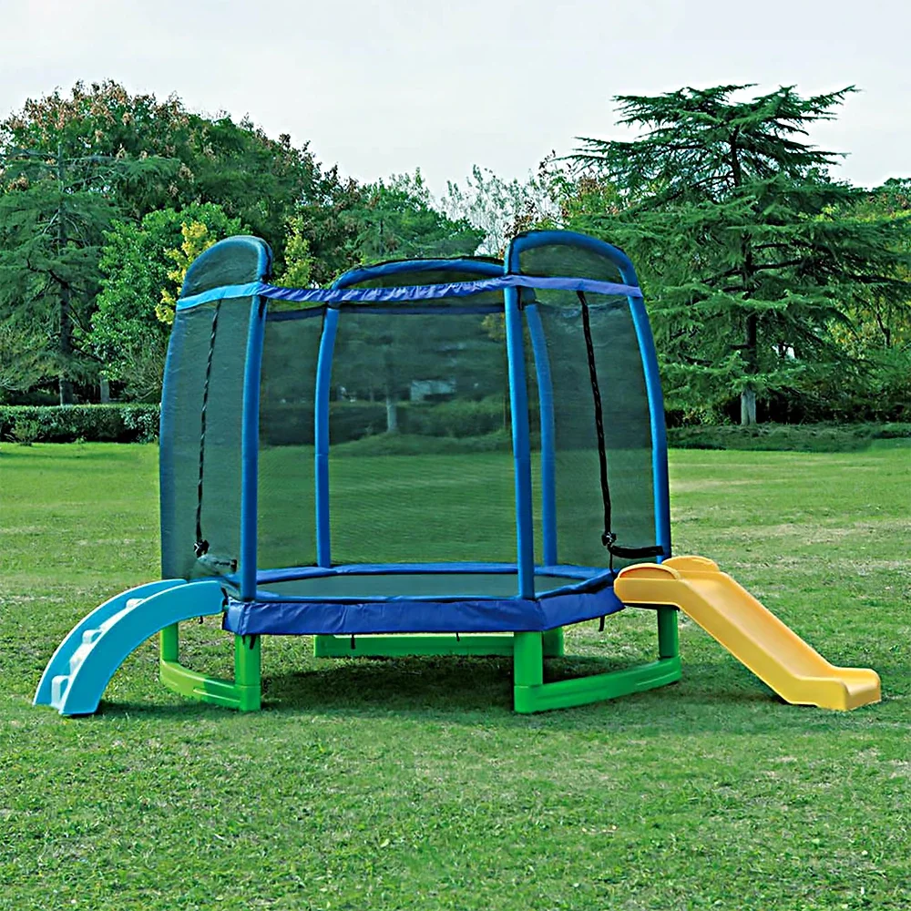 Unisex 7ft Slide Jumping Fitness Mini Kids Soft Play Professional Trampoline Bungee Jump In Ground Trampoline With Slide