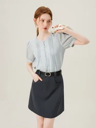 FSLE Women Short Sleeve Blouse Light Blue Female Commuter Short Puff Sleeve Single Breasted Shirts Thin Round Neck Top 24FS12947