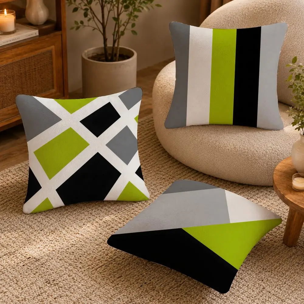 Green Black White Design Cushion Cover Soft Short Plush Pillow Case Double Sided Print Washable Sofa Bed Home Decor Gift