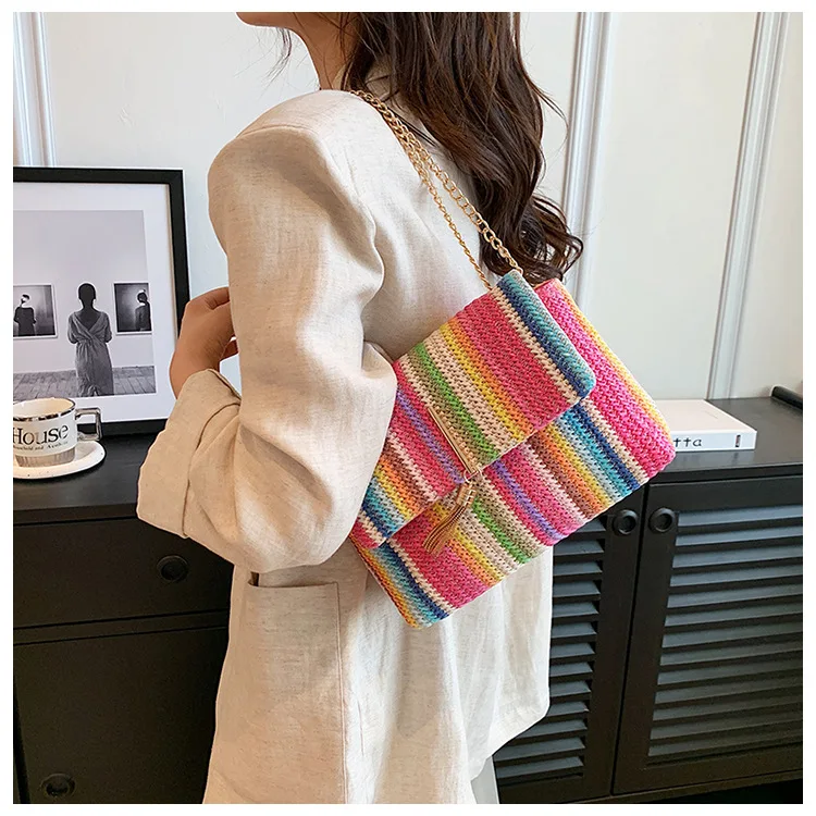 Bohemia Rainbow Weave Handbags For Women Retro Ethnic Style Underarm Bags Metal Chain Shoulder Bags Ladies Daily Shopping Bag