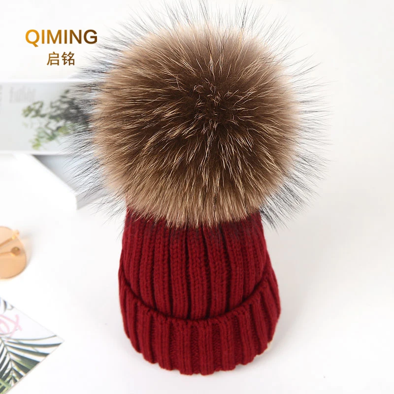 Children Real Raccoon Fur Ball Hats Knitted Hat Children Keep Warm Winter Hats for Women Knit Beanies Cap Fur PomPom Caps Girl