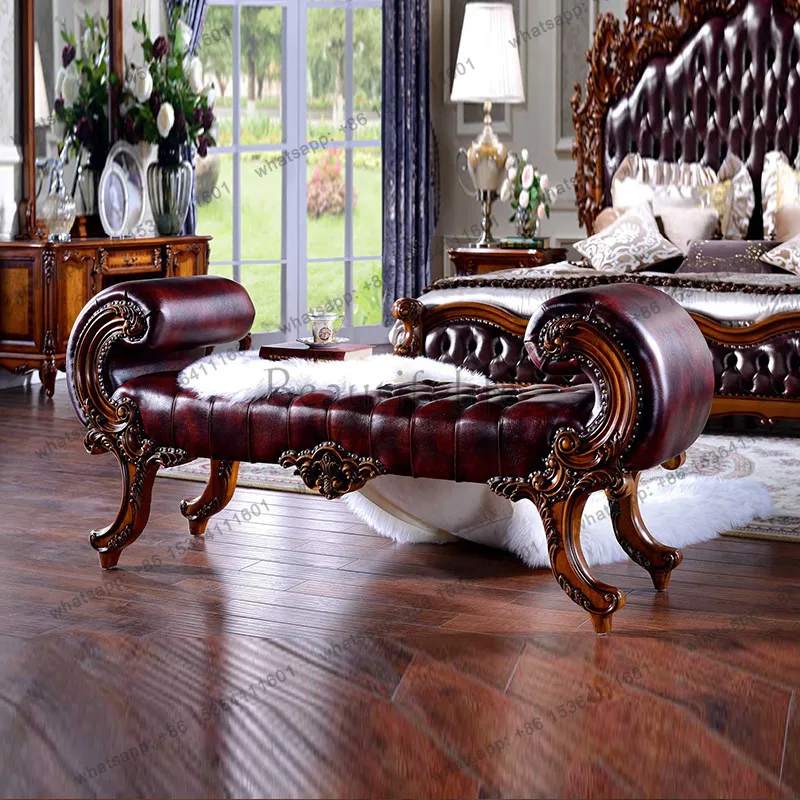

European leather bedside stool household master bedroom shoe changing stool American retro all solid wood furniture