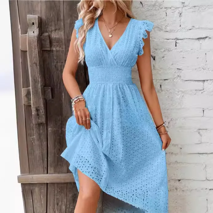 

2026 New Fashionable Lace Ruffle Sleeve Dresses Women In Summer, Sexy And Elegant, Solid Color V-neck Sleeveless Dress For Women