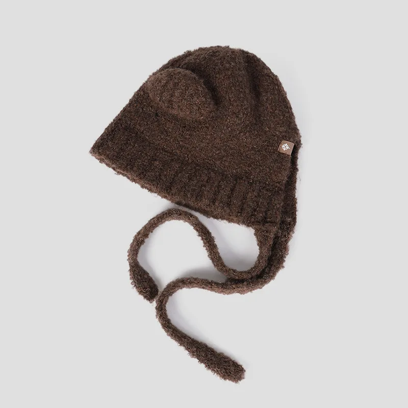 Cute Ear Strap Laurie Beanies Hat Women Winter Warm Soft Glutinous Circle Yarn Knitted Woolen Hat Student Versatile Hat