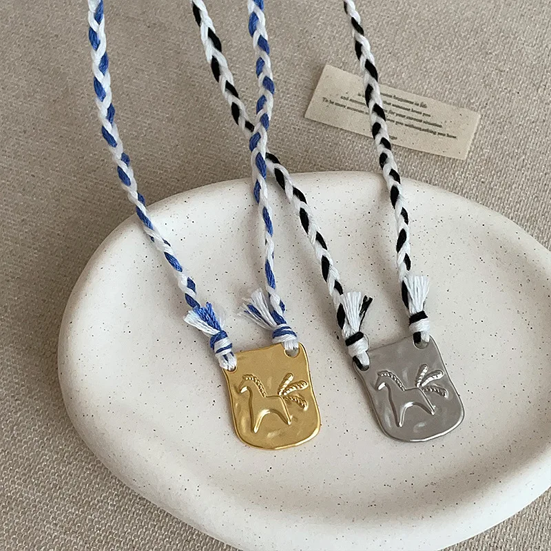 

Minar Creative Sunflower Cartoon Horse Square Coin Pendant Necklaces for Women Double Color Knitted Rope Chain Chokers Wholesale
