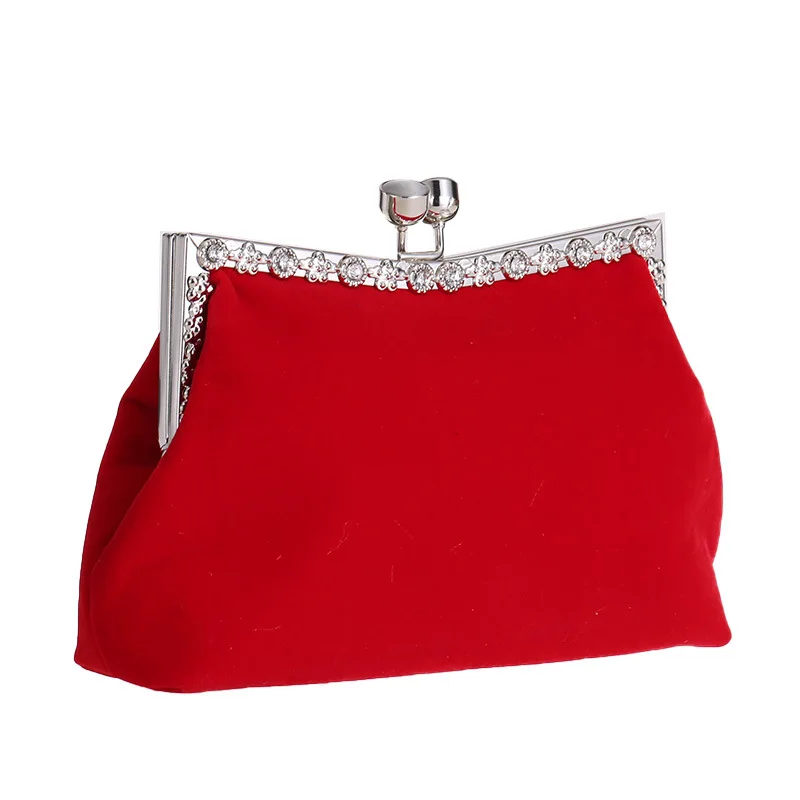 Soft Cocktail Handbags Wedding Bridal Day Clutches Purse Velvet Diamonds Evening Bags Red Black Color