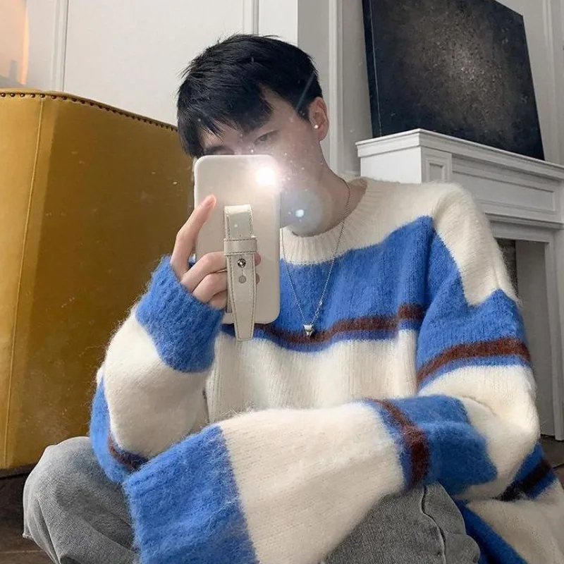 Camisola de malha masculina grossa cinza original estilo coreano malhas tecido designer novo em moletom manga longa listrado pullovers masculino