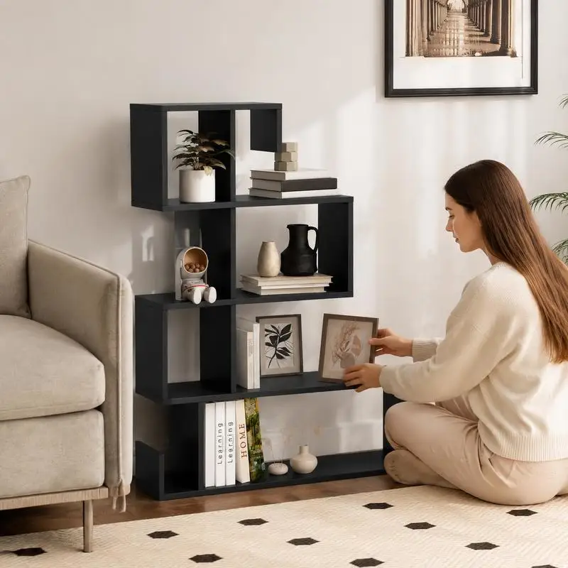 S-förmige 5-stöckige Bücherregalwand, geometrisches Z-Bücherregal mit offenen Würfeln, schwarz, modernes Design, platzsparend für Wohnzimmer, Büro, Schlafzimmer, robuste Konstruktion, 175x60x25 cm