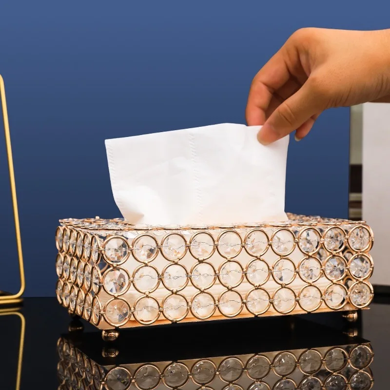 Gold Crystal Tissue Box Paper Towel Storage Box Creative Storage Box Gold Diamond Holder Rectangle Crystal Paper Container