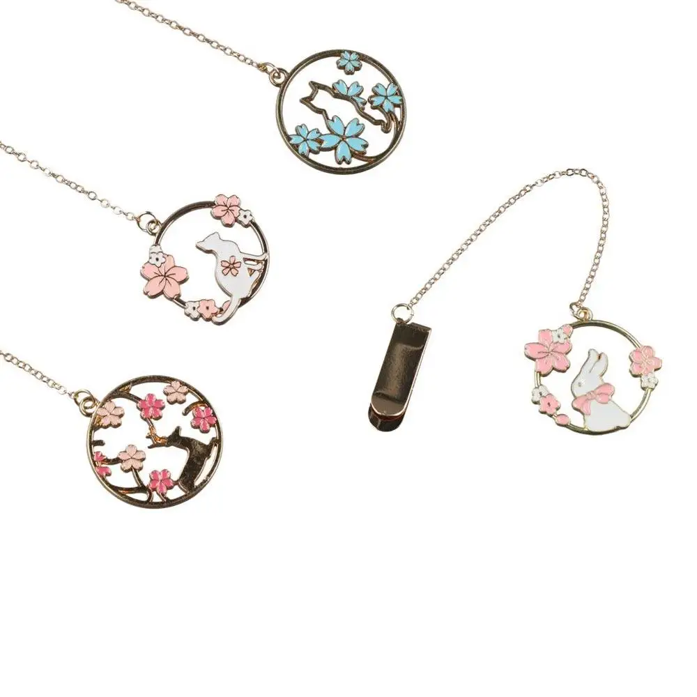 

Office Supply Cherry Blossom Bookmark Pet Design Reading Pages Book Clip Alloy Chain Rabbit Pendant Bookmarks Stationery Gifts