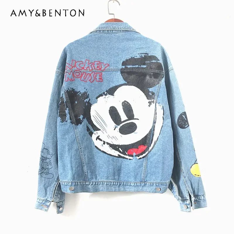 

Cartoon Patterned Denim Jacket Women's Spring Autumn New Loose Couple Jacket Fashionable Casual Design Denim Top Outwear Ladies