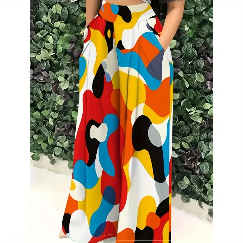 

Красочные свободные широкие брюки с высокой талией и карманами в камуфляжную полоску для отдыха