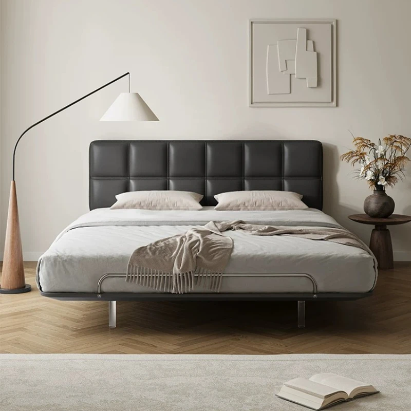 180x200cm Italian Minimalist Floating Leather Bed Carbon Steel Frame with Slim Tufted Headboard for Master Bedroom furniture