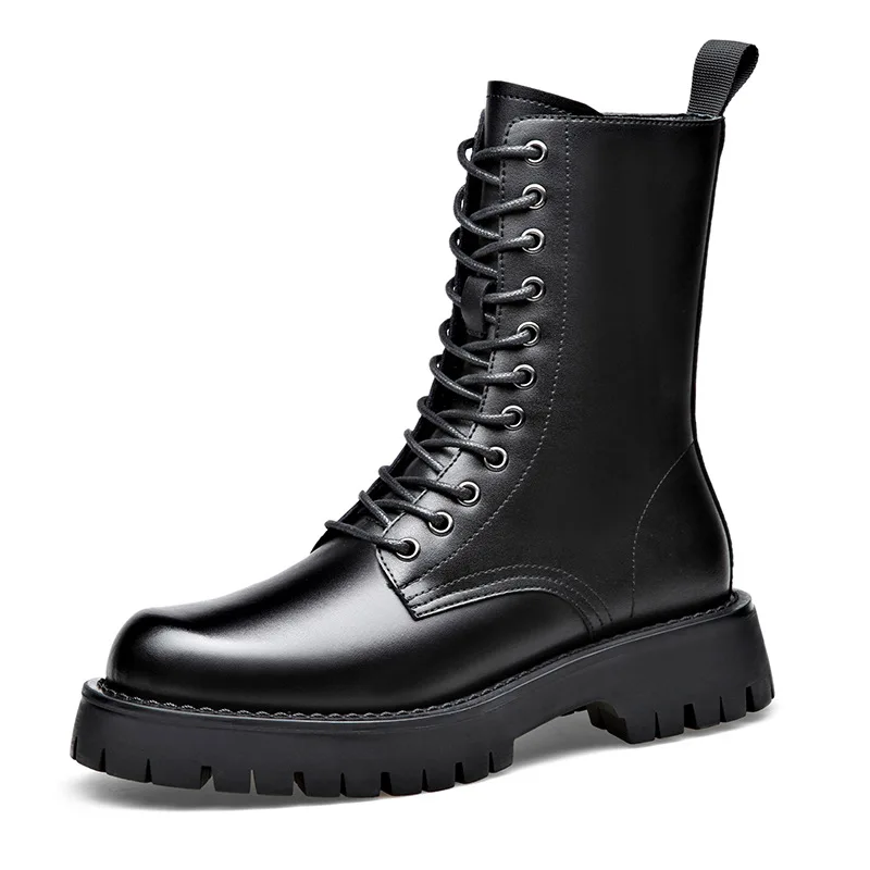 italian brand designer men boots lace-up black trend shoes stage nightclub dress original leather platform boot motorcycle botas