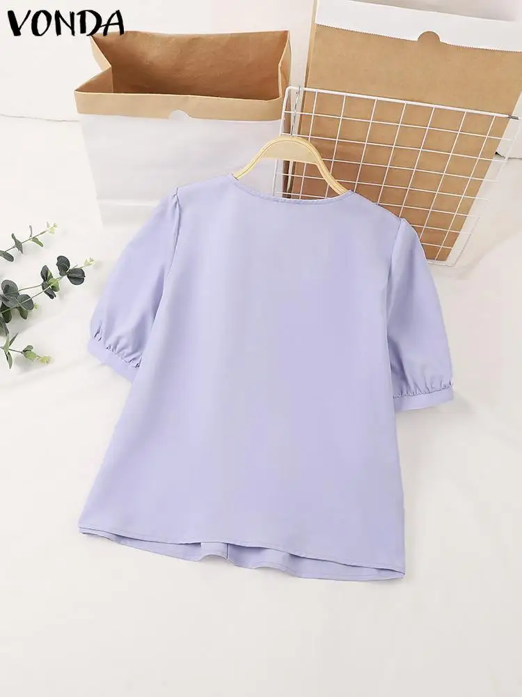 VONDA Women Blouse 2024 Fashion Short Puff Sleeve Bohemian Tops Solid Color Blusas Casual Loose Summer Shirts Oversized Tunic