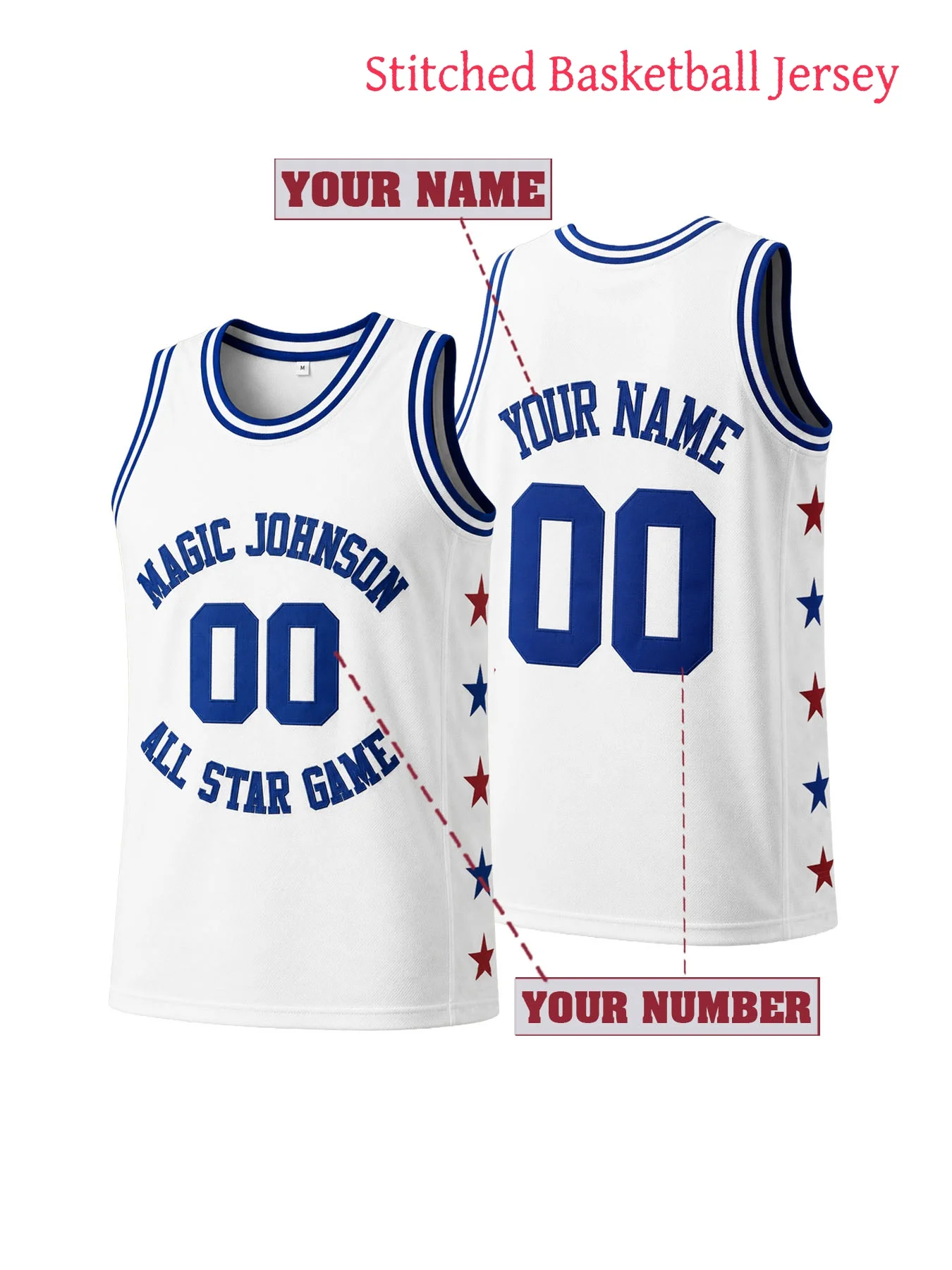 Men's Magic Johnson All Star Game Embroidered Basketball Jersey Custom Name and Number Sleeveless Breathable Loose Fit Shirt