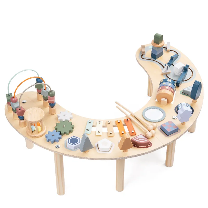 Wooden Activity Table Bead Maze Set Infant Early Educational Building Block Toy for Hand-eye Coordination Training ﻿