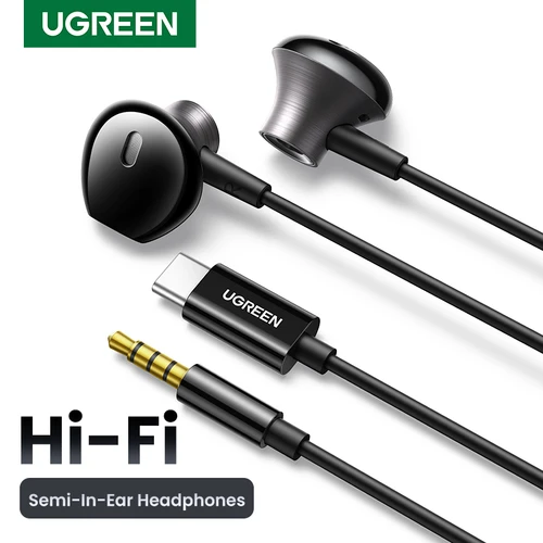 UGREEN Auriculares semiabiertos con cable USB tipo C de 3,5 mm con micrófono, auriculares con cable, auriculares estéreo HiFi, para la mayoría con conector de 3,5 mm