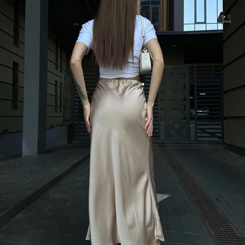 エレガントなシルクスリムソリッドシャンパンブラックカジュアルAラインスカート女性用レディースロングスカートハイウエストサテンサマースカートレディ