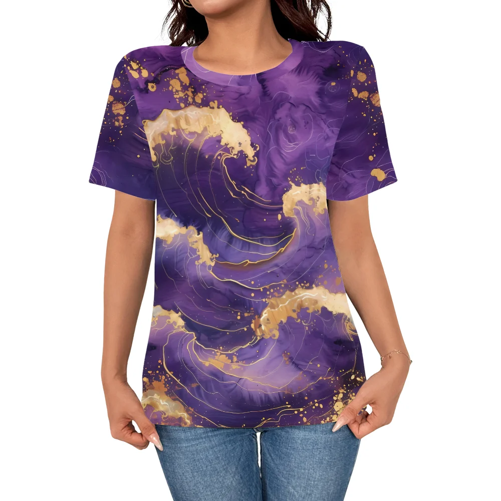 

Лето 2025 г., женская элегантная персонализированная фиолетовая волна, топ с 3D принтом, футболка, женский повседневный модный топ с короткими рукавами