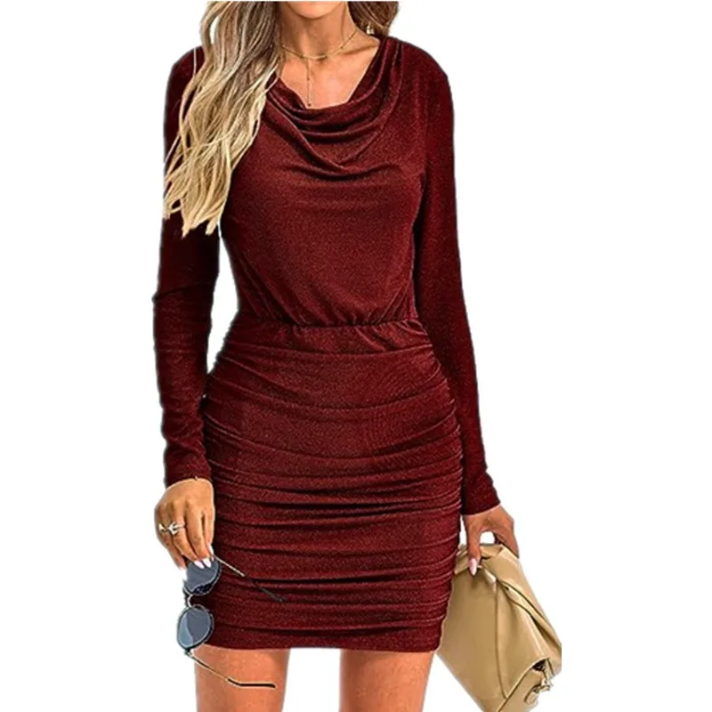 Vrouwen Bodycon Jurk Effen Kleur Sprankelende Slim Fit Jurk Col Lange Mouw Ruches Club Cocktail Mini Jurken Trouwjurk