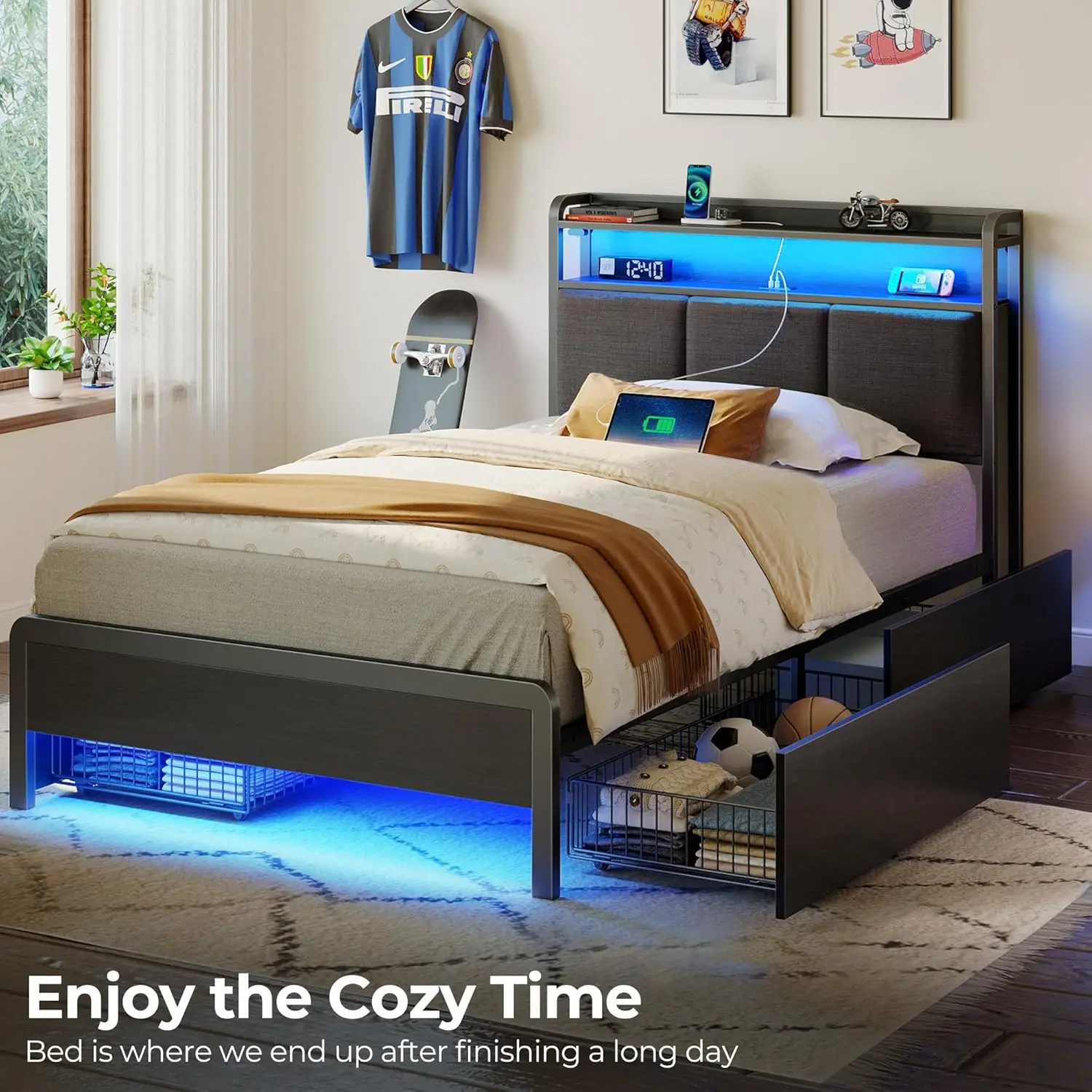 Bed Frame Twin Size with Charging Station and LED Lights, Upholstered Storage Headboard with Drawers, Heavy Duty Metal Slats, No