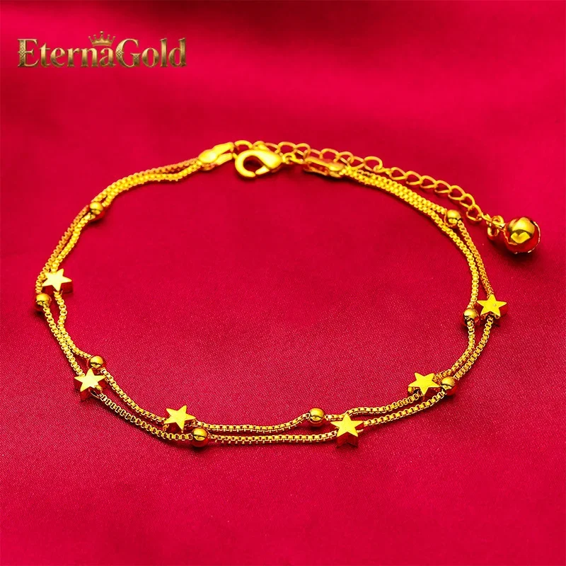 

Женский браслет EternaGold Star & Bell, 24-каратное золото, AU999 | Полированные звездочки и звенящие колокольчики на регулируемой цепочке, игривые и стильные.