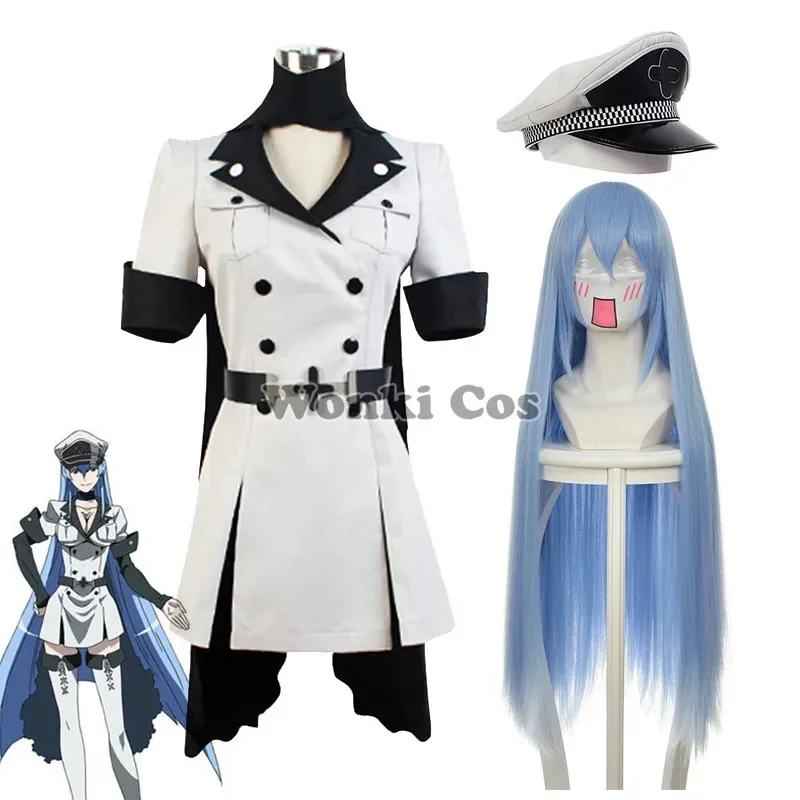 Akame Ga KILL Cosplay para Mulher, Esdeath, Esdeath, Uniforme com Chapéu, Peruca Longa, Trajes de Festa