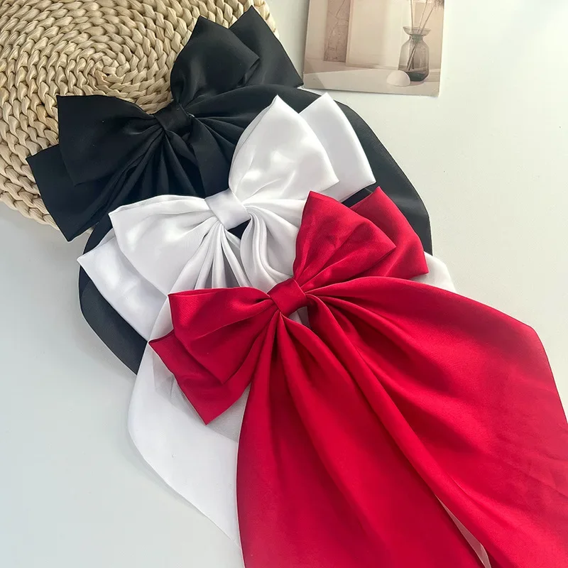 White Black Bow Hairpin Oversize Ribbon Big Hair Clip And Clips Long Satin Ribbon Hairclip Women Wedding Party Hair Accessories