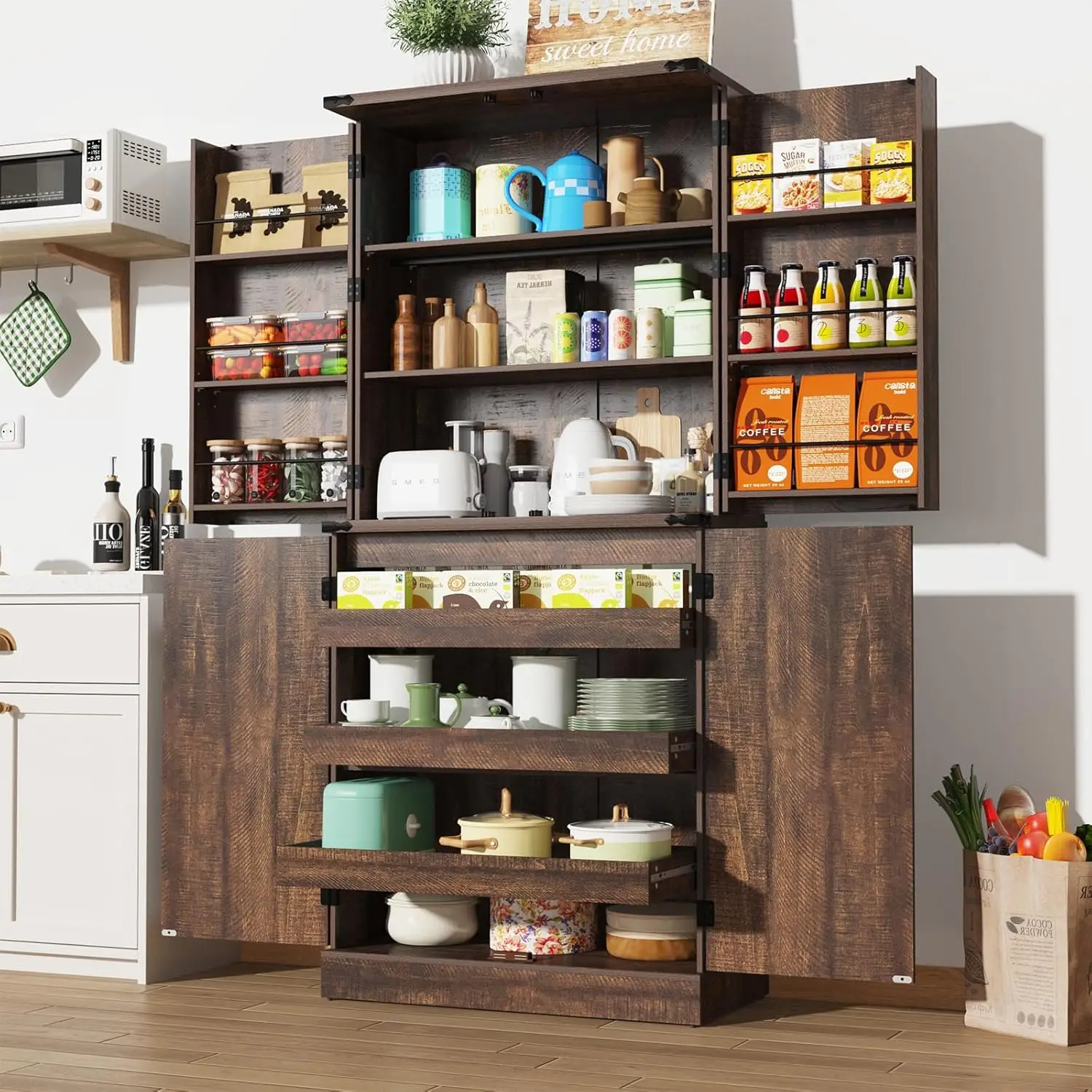

Farmhouse Kitchen Pantry Cabinet with 3 Drawers,71" Tall Rustic Wood Storage Cabinet with 6 Door Shelves,Dining Room(Brown)