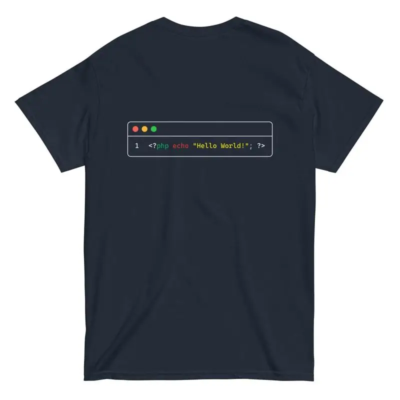 Código de camiseta Php Hello World con estilo en la moda del programador