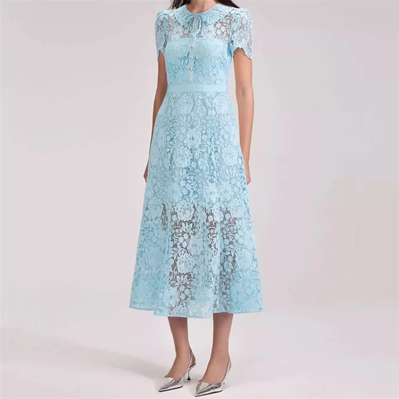 

fashion summer dresses 2024 New Flower embroidered Long dresses Water soluble lace short sleeved dress Sexy Hollow Party dresses