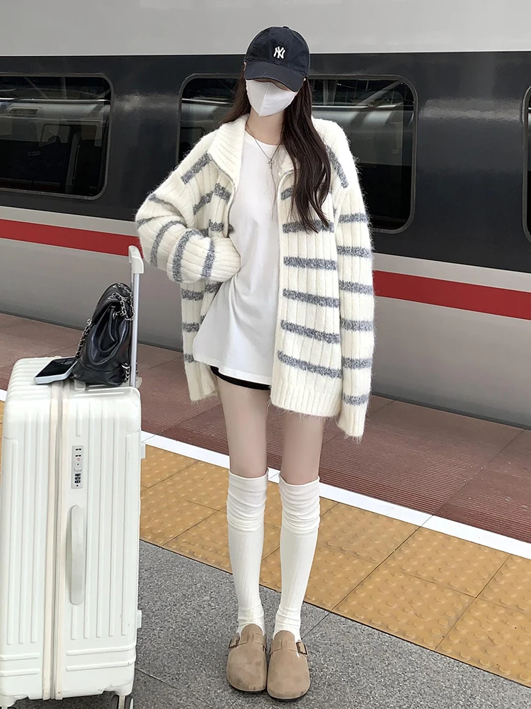 

Korean Sle Loose Long Sve Striped Knitted Cardigan Women's Autumn Winter New Faion Slimming Versatile Sweater Jaet