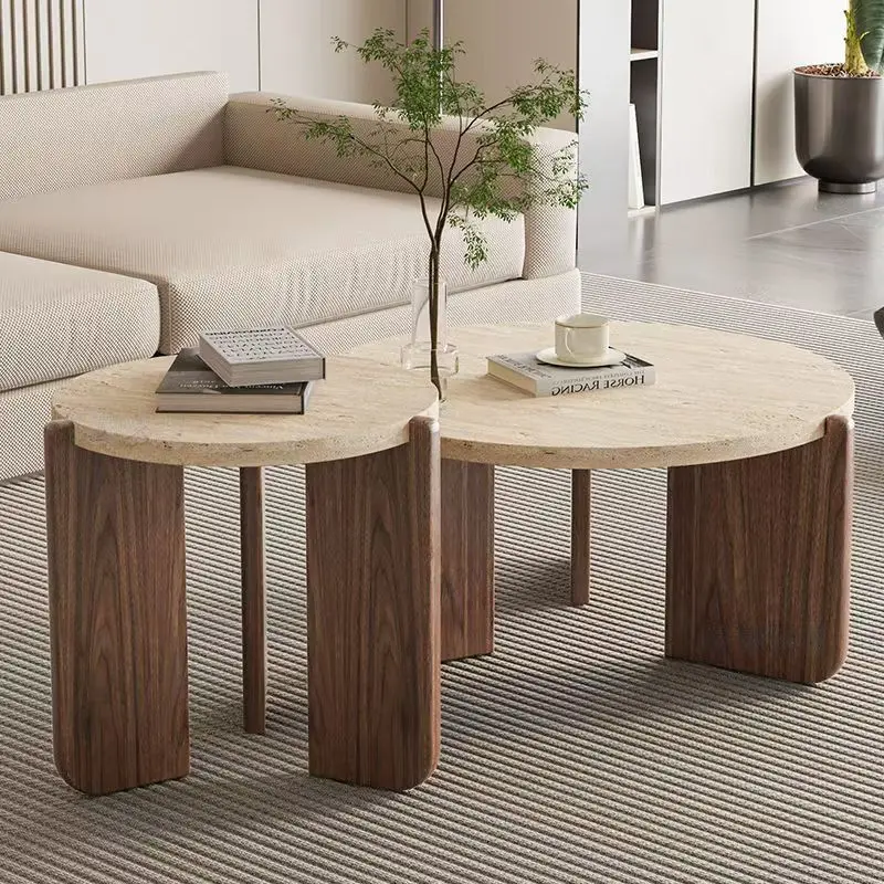 Meja Kopi Batu Granit Kayu Solid untuk Ruang Tamu Rumah Meja Kopi Bundar Meja Samping Marmer