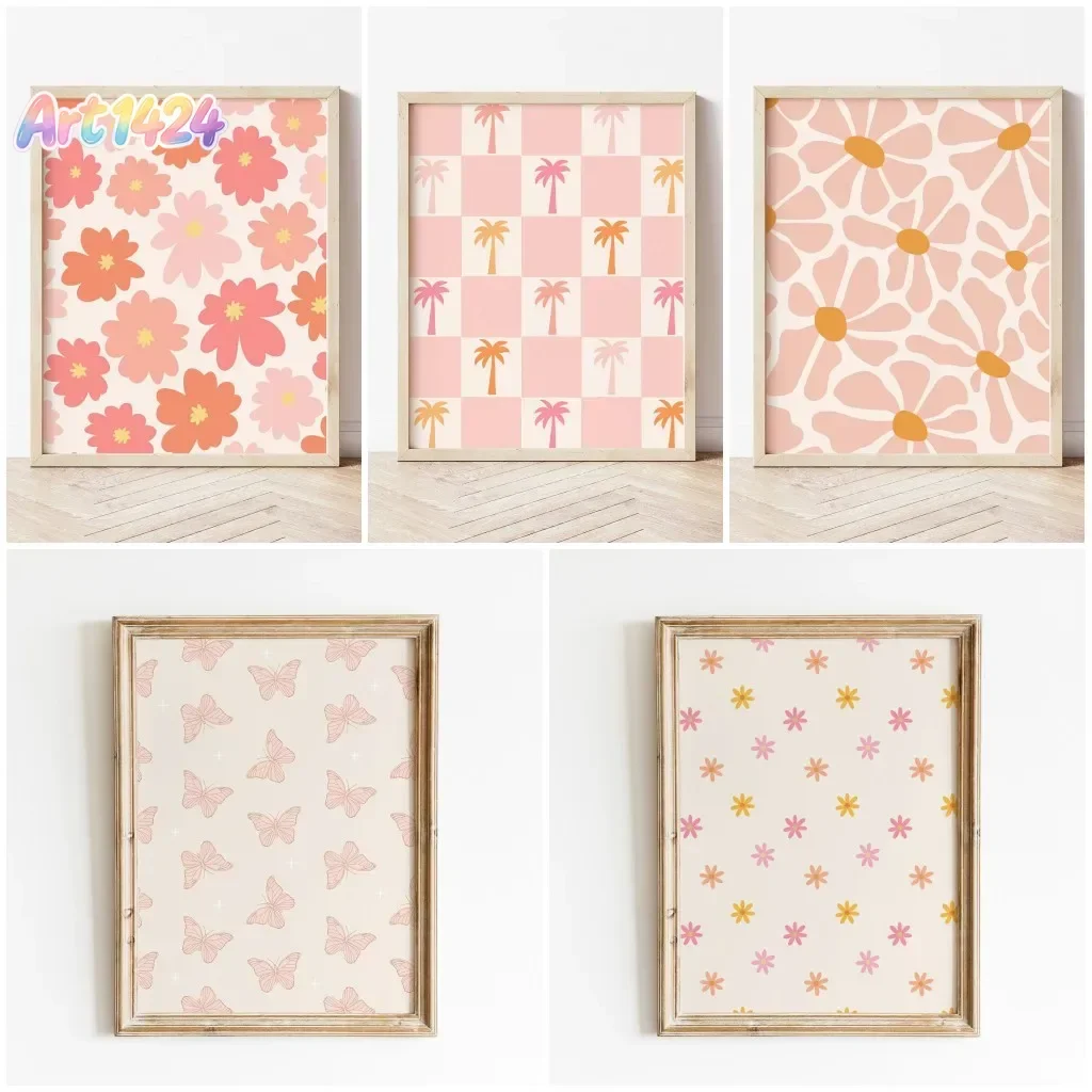 Pink Groovy Boho Spring Flowers Canvas Print Checkered Palms Butterfly Pattern Poster Decorations for Wall Art