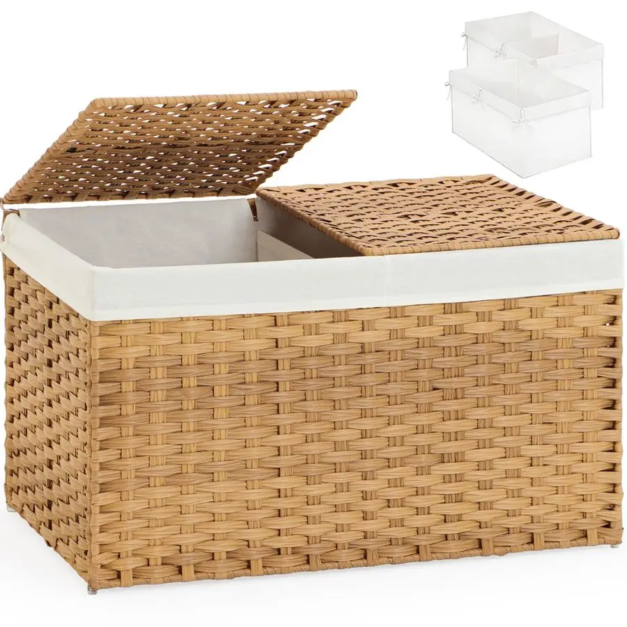 

Basket with Lid Rattan Storage Basket with 2 Separate Lid, 27.8 Gallon 105 L 25.2 15.4 16.1 Inches Woven Wicker Baskets with 2 L