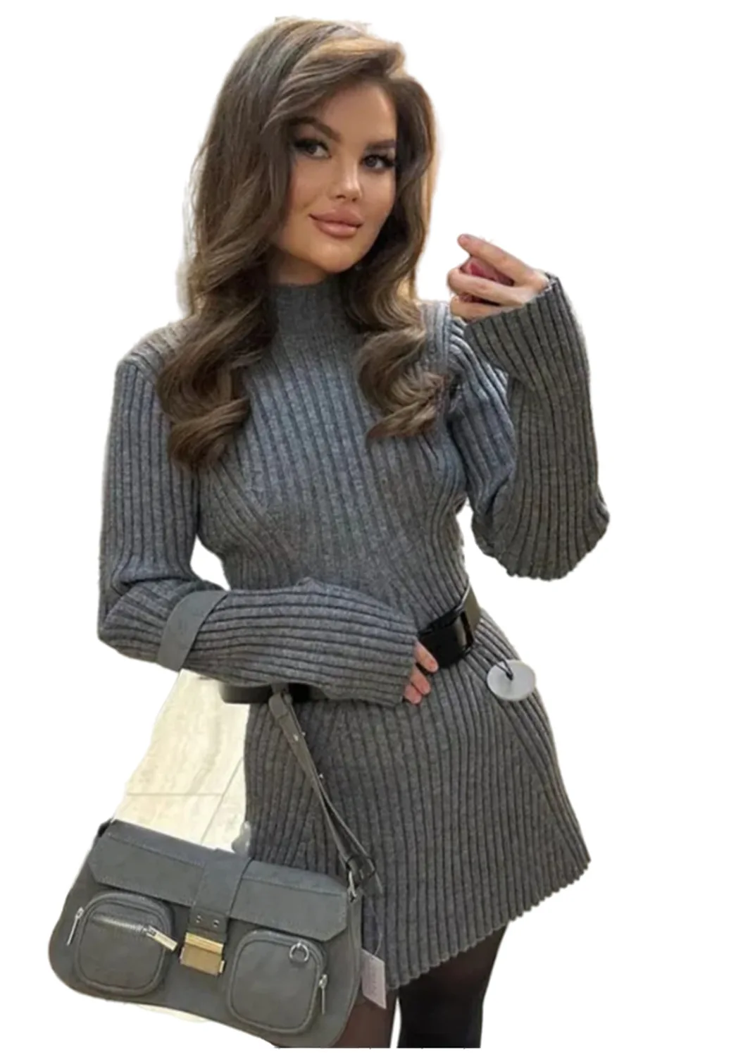 Women Autumn Elegant Solid Rib Knitted Mini Dress Fashion Long Sleeve O-Neck Short Dresses 2023 Winter Female Streetwear Robes