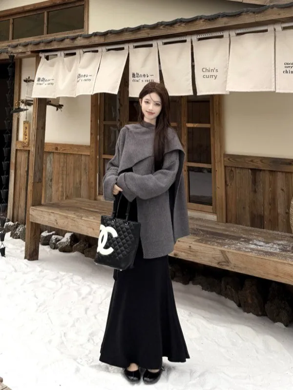 

plus Size Women's Gentle Sle Asymmetric Cross oulder Coat Dr Autumn Winter High Waist Fi Tail Dr Korean Version