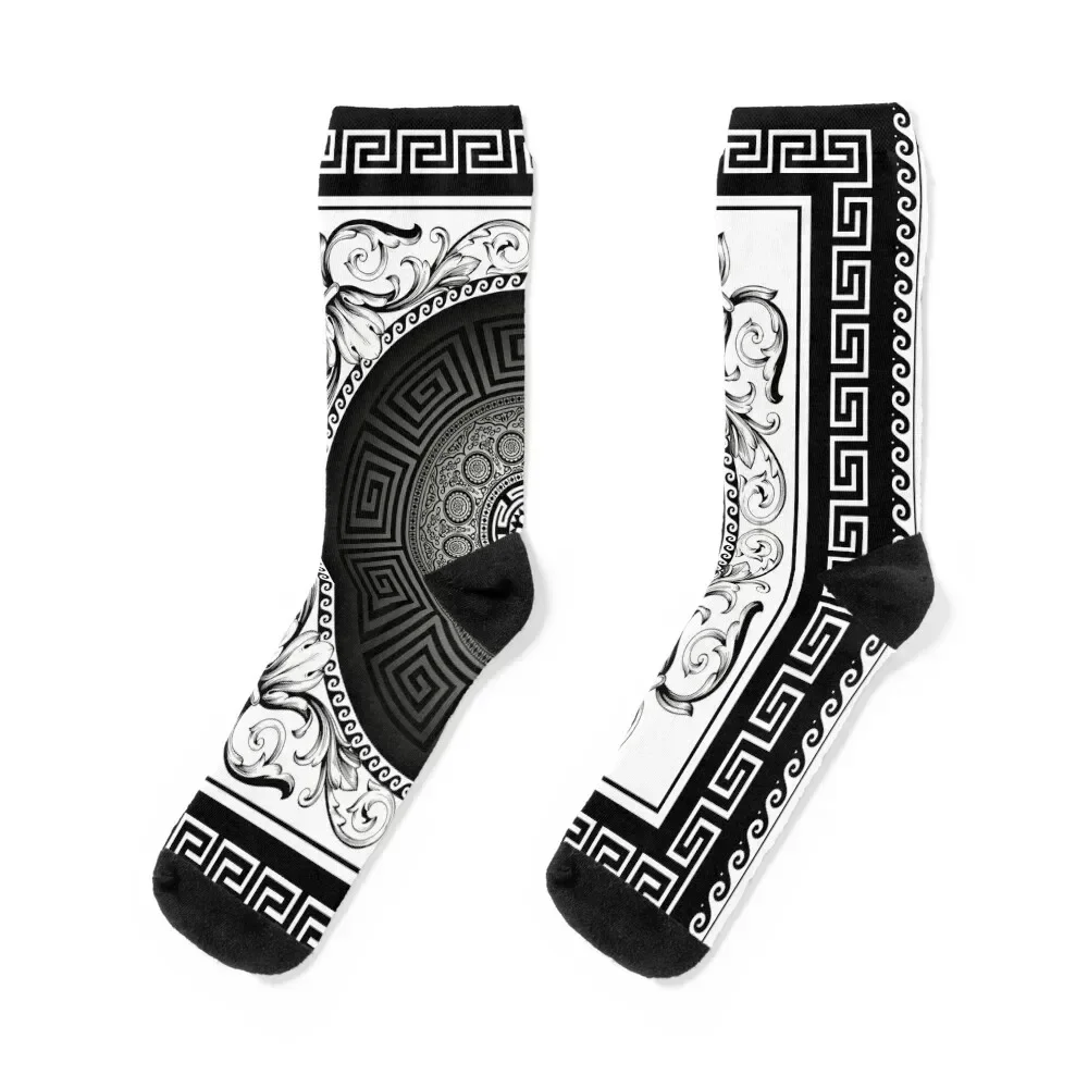 White Black Greek Meander Baroque Socks crazy man gifts custom Socks Ladies Men's
