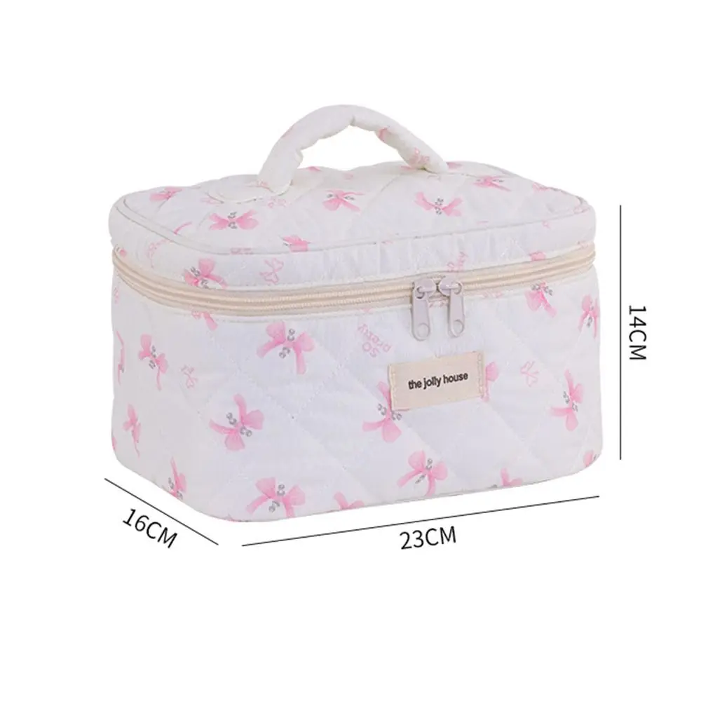 Creative Quilted Sewing Makeup Bag Cotton Bow Travel Toiletry Bag Zipper Large Capacity Handbag