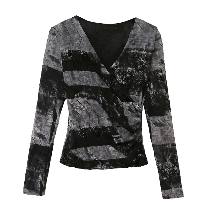 

2025, Новинка,Европейская,Одежда,Футболка,Мода,Сексуальная,В-образный вырез,Принт,Цветок,Пэчворк,Сетка,Женские,Топы,Длинный рукав,Эластичные,Тировки,10028