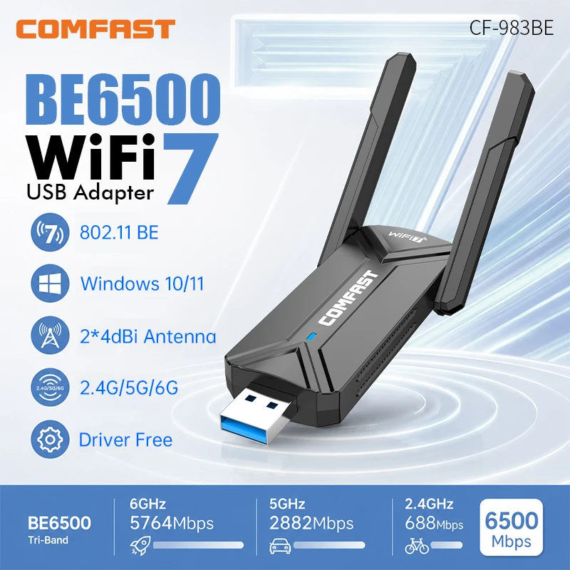 

COMFAST CF-983BE BE6500 WiFi7 USB 3.0 Adapter Tri-Band 2.4G/5G/6G 6452Mbps Driver Free WiFi Dongle for Win10/11 Laptop/Desktop