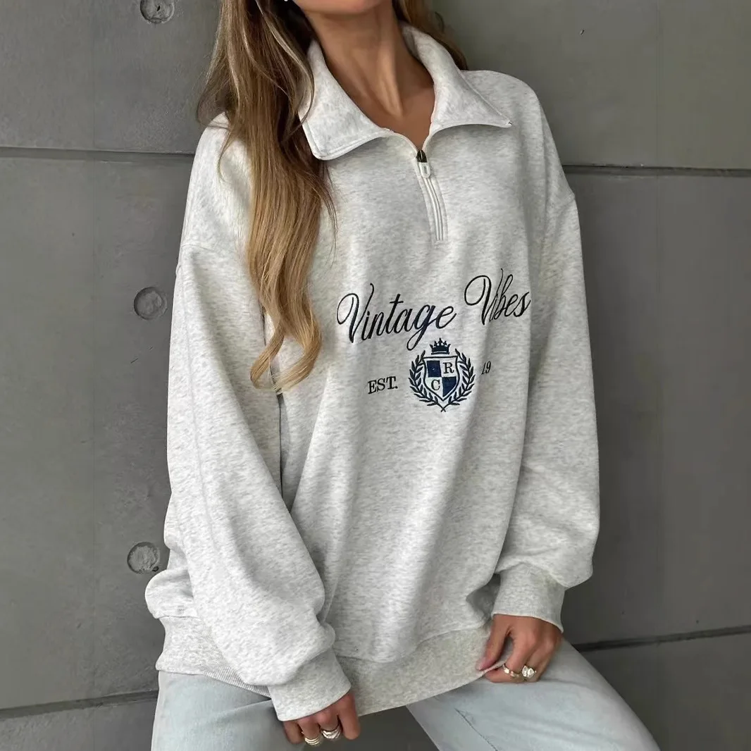 

Ladies Retro Embroidered Half Zip Sweatshirt, Oversized Polo Collar Pullover for Fall, Daily and Streetwear