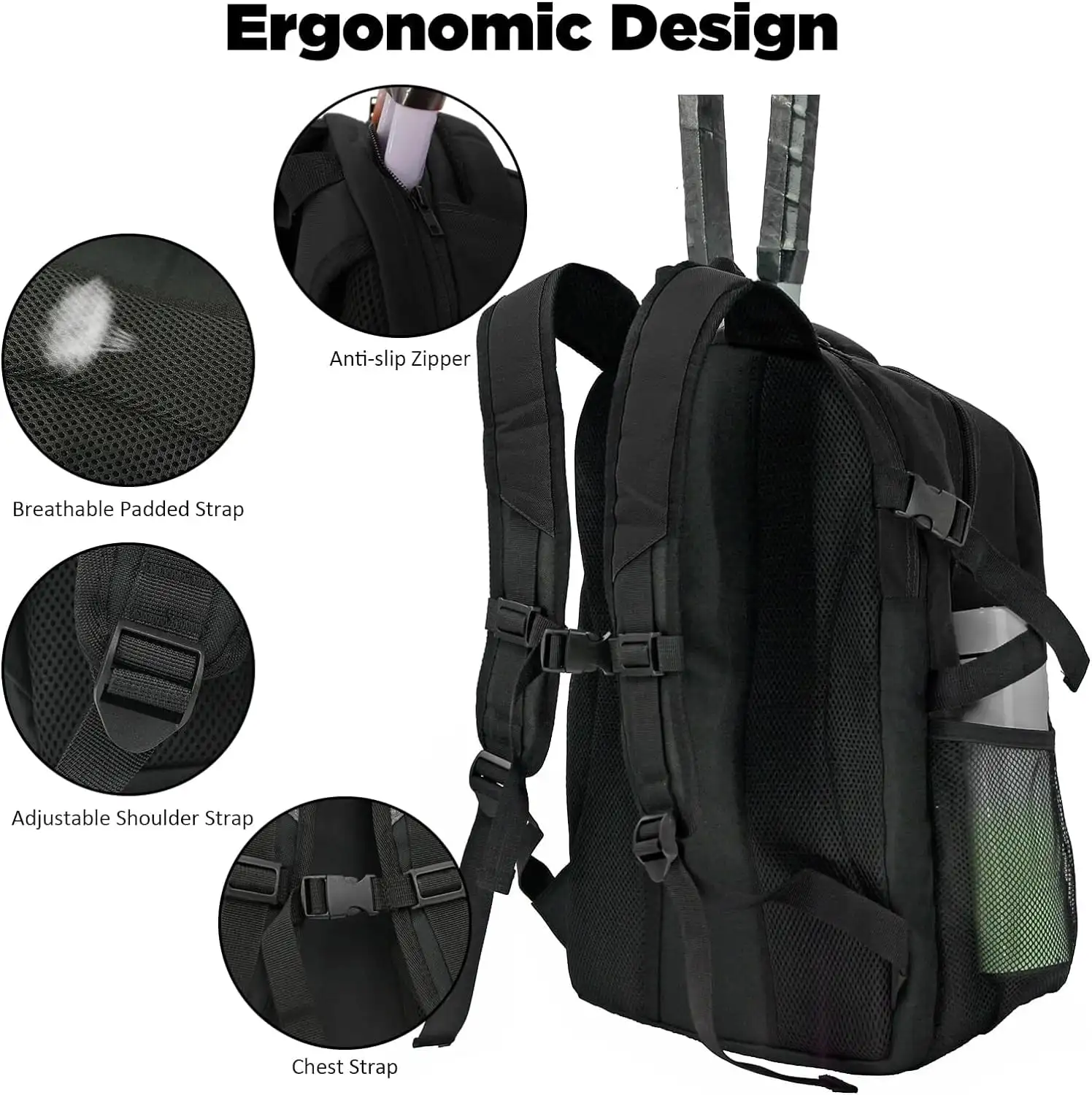 

Black 34L Tennis Racquet Sports Backpack Polyester Bag with Ventilated Shoe Compartment Tennis Gear Bag