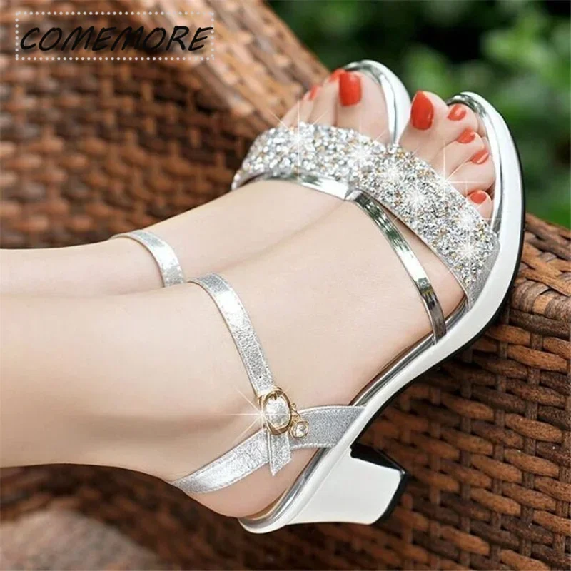 Sandals for Party and Weddings Elegant Woman Shoes with Medium Heels Casual Luxury Designer Sandals Shoes for Women 2023 Golden