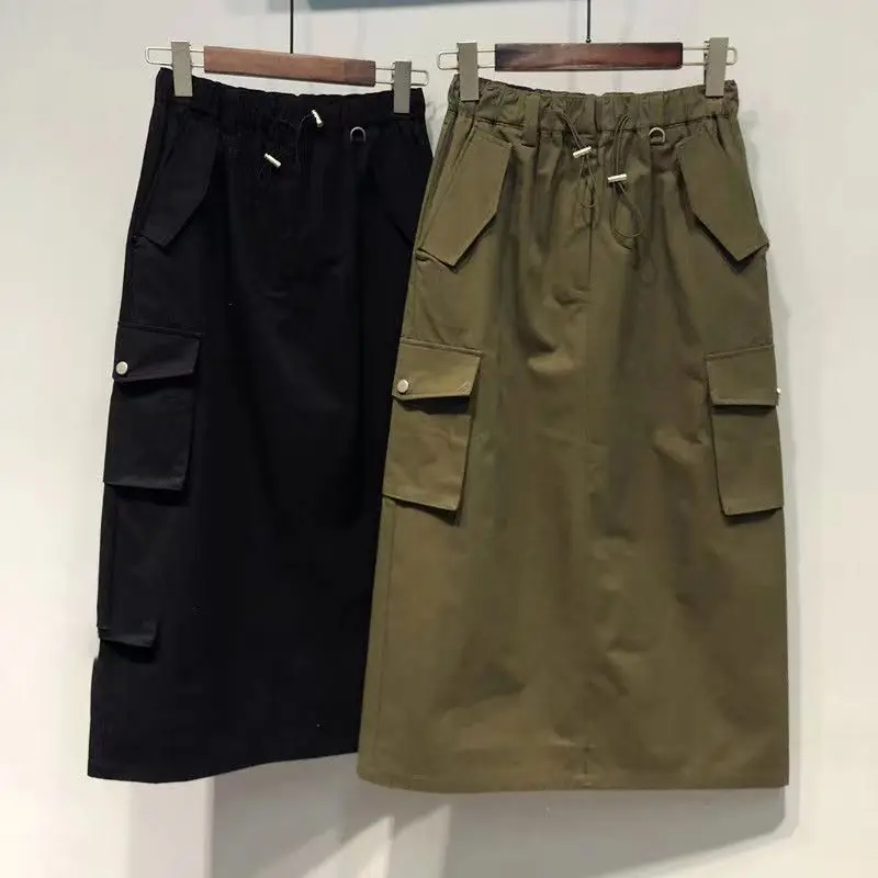 

Safari Style Oversized Solid Skirt Women Summer High Waist Pockets Loose A-line Skirts Fashion Casual All-matched Dresses